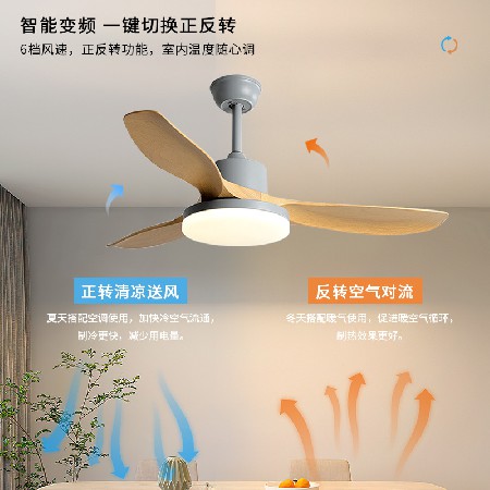 智能變頻風(fēng)扇燈大風(fēng)力家用客廳臥室房間仿木紋餐廳燈扇一體吊扇燈