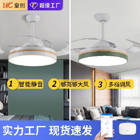 現(xiàn)代簡約隱形風(fēng)扇燈 木紋靜音餐廳語音智能客廳燈臥室吊扇燈廠家