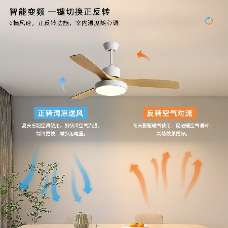北歐LED吊扇燈餐廳風(fēng)扇燈智能變頻家用客廳臥室仿木紋風(fēng)扇吊燈