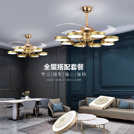 多頭大風(fēng)力輕奢風(fēng)扇燈后現(xiàn)代簡(jiǎn)約客廳燈風(fēng)扇燈酒店餐廳隱形吊扇燈